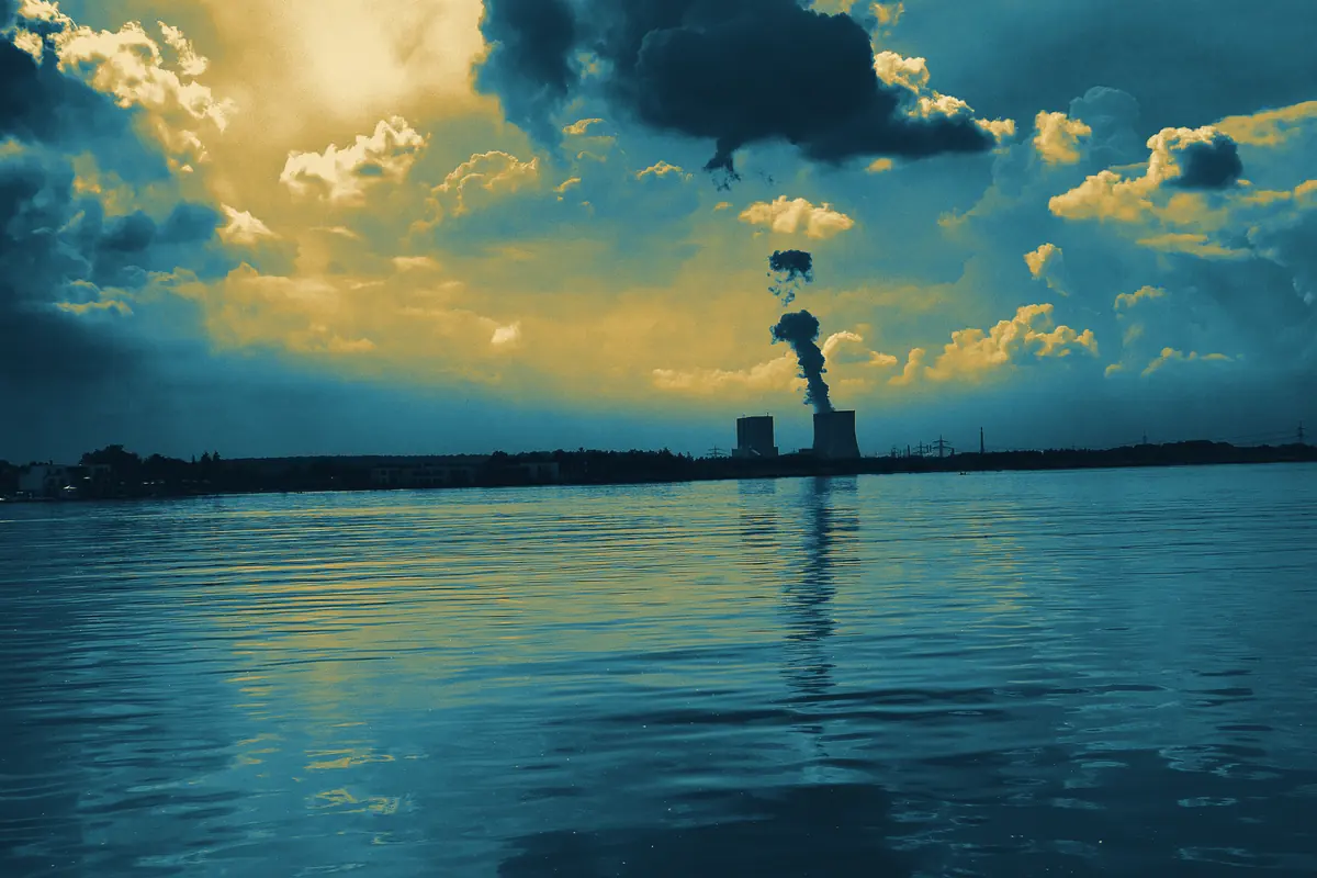 Hainer See mit dem Kraftwerk Lippendorf am Horizont, zweifarbig in Petrol und Gold